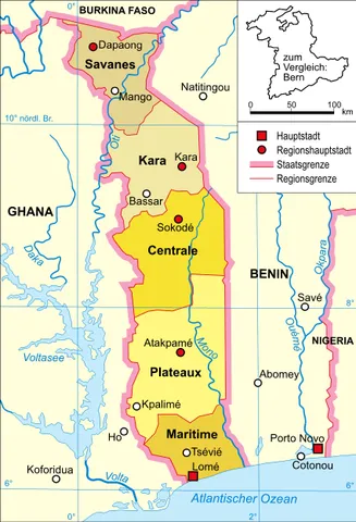 Map of Togo with regions and towns